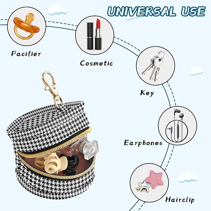 Black Houndstooth Print Pacifier Holder Case with Clip Portable Pacifier Storage Bag for Girls Boys