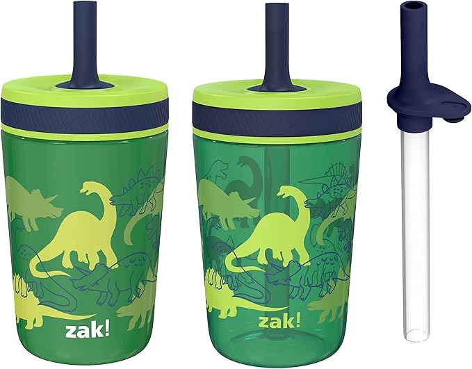 Zak Designs Dino Camo Kelso Tumbler 3pc Set, Leak-Proof Screw-On Lid with Straw, Bundle for Kids Includes Plastic and Stainless Steel Cups with Additional Sipper