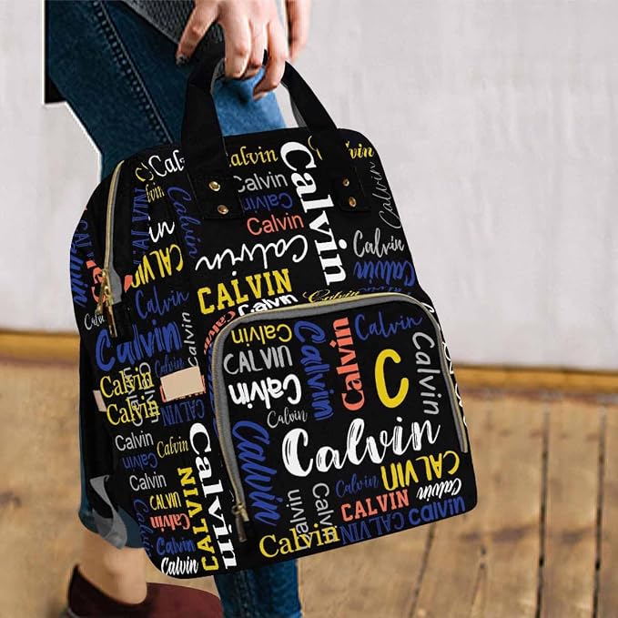 InterestPrint Custom Backpack with Name, Personalized Black Funny Font Diaper Bag Customized Shoulder Bag Nursing Bags Casual Daypack Bag for Mom Sister Shopping Present