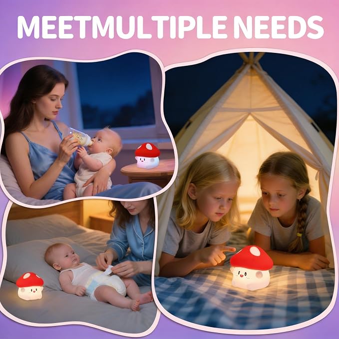 Cute Mushroom Night Light with RGB Flashing Color Squishy Soft Silicone, USB Rechargeable, Long Battery Life, Soft Squishy, Dimmable Brightness - Bedroom Decor, Gifts Decor for Kids & Adults