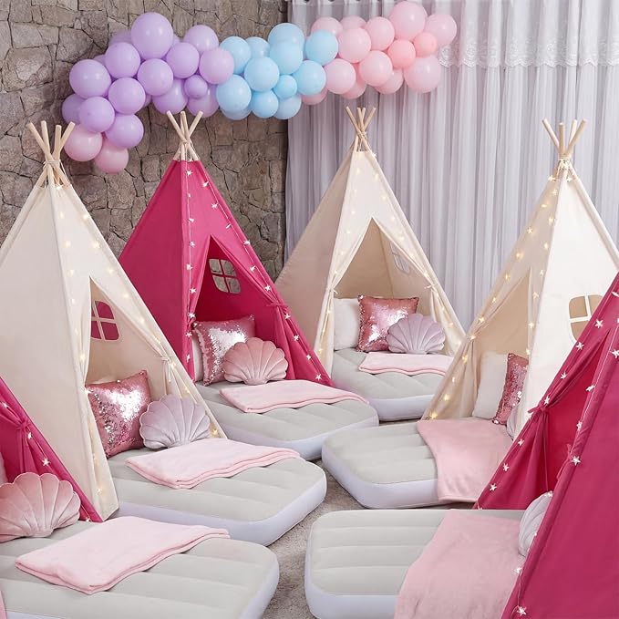 wilwolfer 6 Pack Kids Teepee Tent Bulk and Inflatable Airbed & Light, Natural Toddler Play Tent for Girls Boys Indoor Sleepover Slumber Party Birthday Gifts(White, Rose Red)