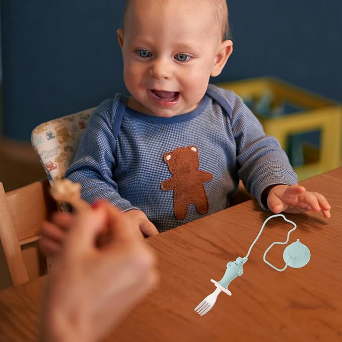Vaguelly Baby Training Spoon Fork Set with Silicone Anti-Loss Chain and Suction Cup Holder for Highchair Utensils Accessories