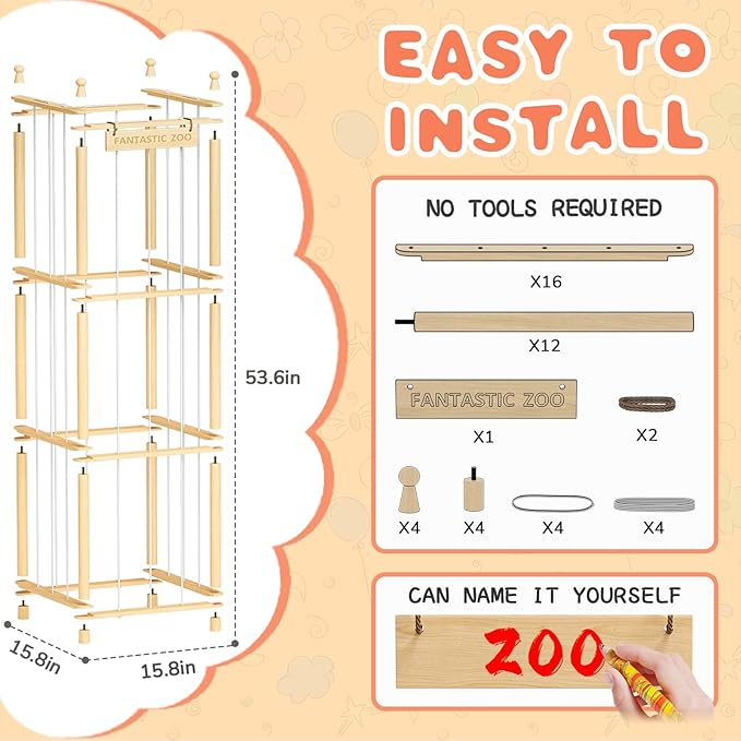 TOPMELON Stuffed Animal Zoo Storage, Cute Wooden Toys Tower for Kids, Large Capacity Plush Toy Organizer Holder for Playrooms & Children's Room (16.8??x 16.8??x 53.6??