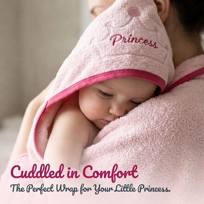 EVERYDAY KIDS Hooded Baby Toddler Bath Towel for Girls - 3D Pink Princess Towel with Crown; Soft and Absorbent Terry Cloth Hooded Towel for Young Kids; Baby Girl Bath Essential
