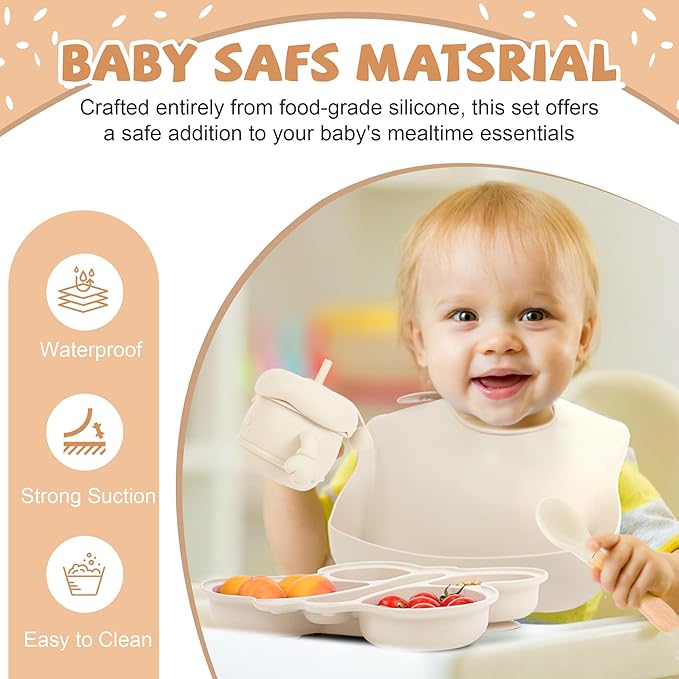 Silicone Baby Feeding Set, Baby Led Weaning Supplies, Silicone Suction Butterfly Plate, Bowl, Spoons, Fork and Waterproof Bib & Cloth Bib, Eating Utensils Baby Feeding Essentials (Beige)