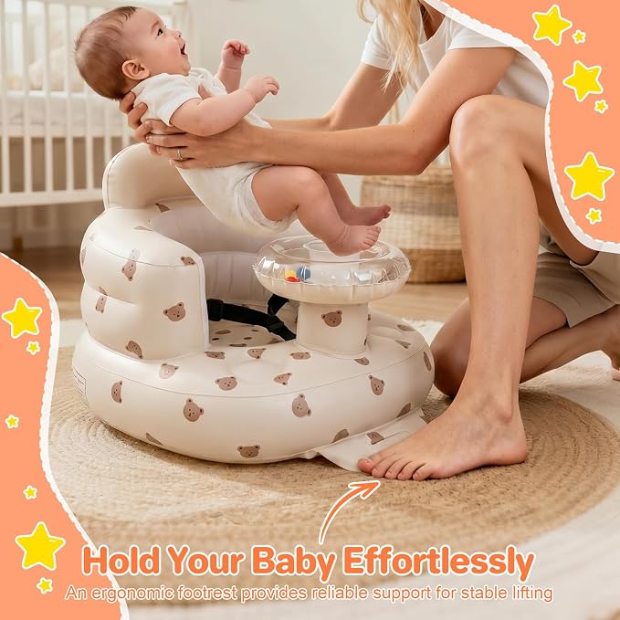 BEBOAN Inflatable Baby Seat with Bell & Clear Tray for 3-36 Months, Portable Upseat Baby Chair with Safety Strap for Sitting Up, Foldable Blow Up Infant Seat, Built-in Air Pump, Beige Bear