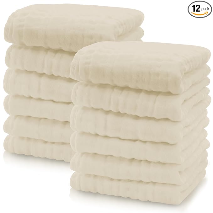 Cute Castle 12 Pack Muslin Baby Washcloths - Large 12'' by 12'' - Ultra Soft 100% Cotton - Super Absorbent Burp Cloths for Unisex, Boy, Girl -Ivory