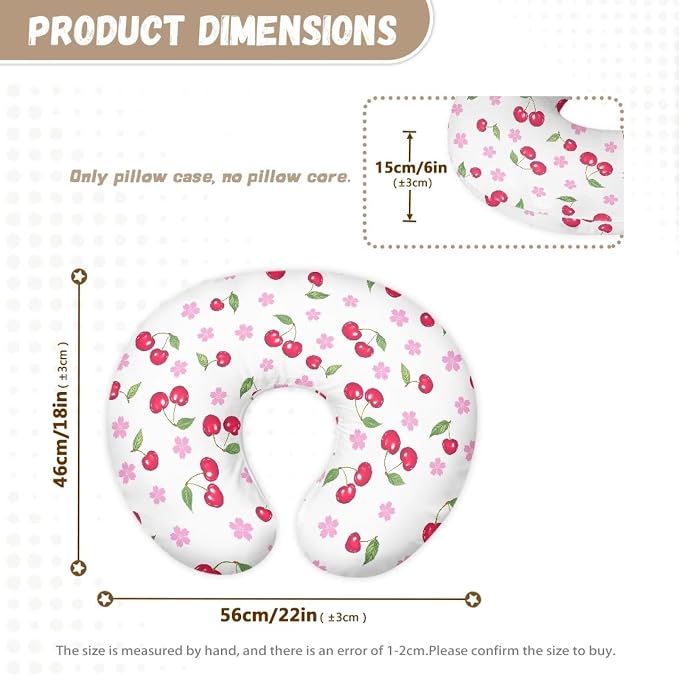 Cherry and Flower Nursing Pillowcase Slipcover for Breastfeeding Pillows, Soft and Stretchy Safely Breastfeeding Pillow Cover Portable and Easy to Clean