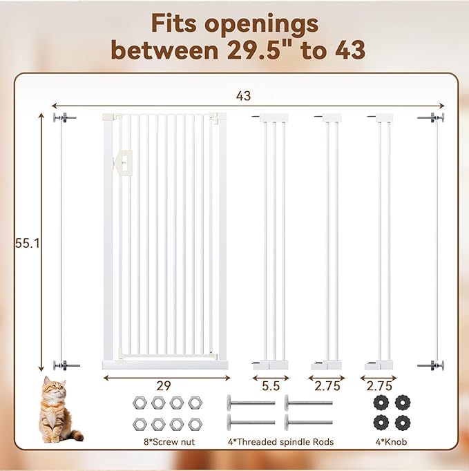 Fldofaves Extra Tall Pet Gate, 57" Cat Gate for Doorway, Pressure Mounted Auto Close Dog Gate, Ultra Narrow Bar Spacing No Drill Gate for Stairs, Doorways, Hallways, Fits 29.5"-43" Openings