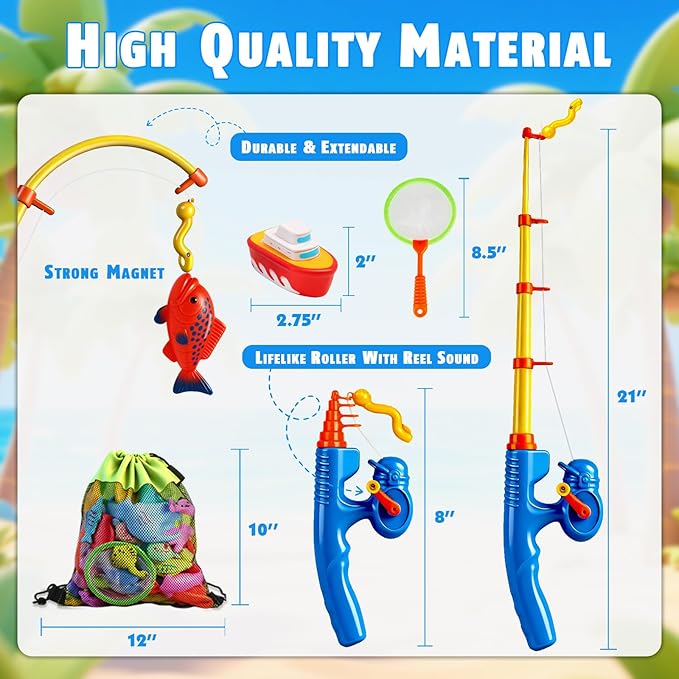 CozyBomB??Magnetic Fishing Toys Game Set for Kids | Water Table Bathtub Kiddie Pool Party Pole Rod Net, Outdoor Plastic Floating Fish, Toddler Bath Color Ocean Sea Animals Birthday Gift Age 3-5 6 4-8
