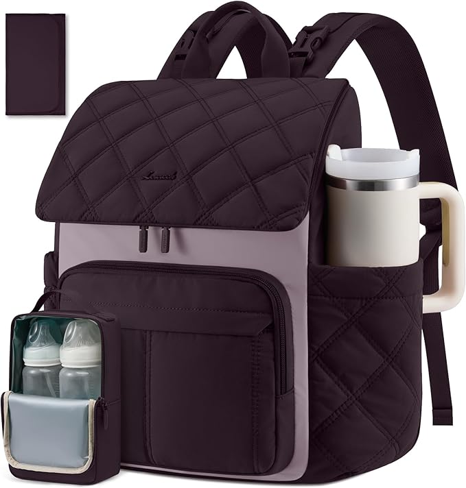 LOVEVOOK Diaper Bag Backpack With Pocket For Large Capacity Cup,Multi-Function Baby Travel Bag For Mom Dad,Waterproof Baby Bag for Boys Girls with Changing Pad,Insulated Bag,Stroller Straps,Purple