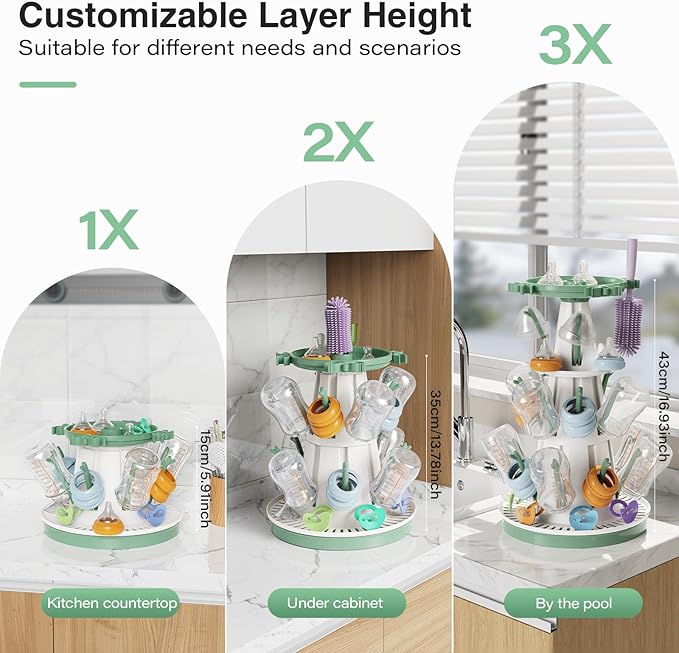 TAZENI Baby Bottle Drying Rack with Drain Pipe, 3-Tier Modular Baby Bottle Rack Dryer for Infant Feeding Accessories, Large Capacity Rack Dryer, Stable, Efficient Drying, Space Saving Organizer