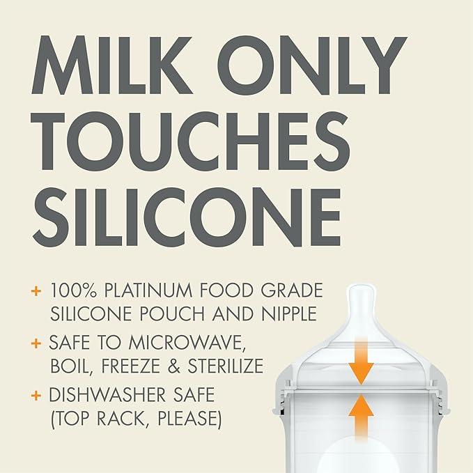 Boon Nursh Reusable Silicone Pouch Baby Bottles - Slow Flow Nipple - Silicone Baby Bottle Pouch and Nipple - Baby Feeding Essentials - Gray - 0-3 Months - 3 Count - 4 Ounce