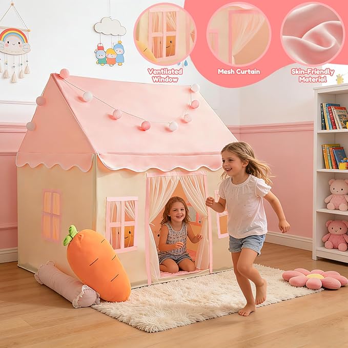 WIRHAO Large Kids Tent with Padded Mat Playhouse with Large Space for Toddlers Indoor Kids Play Tent for Girls Boys with Stars Lights, Carry Bag, Banner Flag (Pink)
