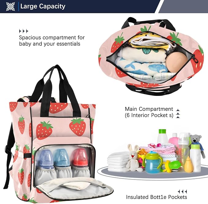 Custom Name Strawberry Simple Pink Diaper Bag for Mom Dad Gift