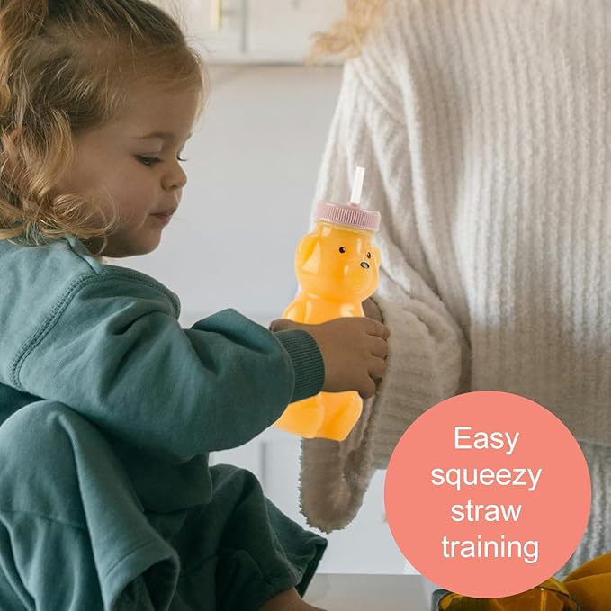 Honey Bear Straw Cups, Juice Bear Bottle Drinking Cup Long Straws with 4 Flexible Straws & Cleaning Tools, 8-Ounce Therapy Sippy Bottles for Speech and Feeding Training, Food-Grade & BPA Free 2 Pack