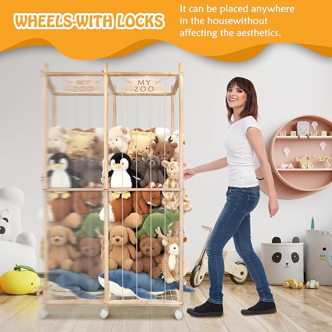 Stuffed Animal Storage Zoo with Wheels, 64" Wooden Large Stuff Animals Plushies Holder Toy Organizer Kids Plush Storage Cage with Elastic Band and Net for Nursery Playroom Corner for Toddler