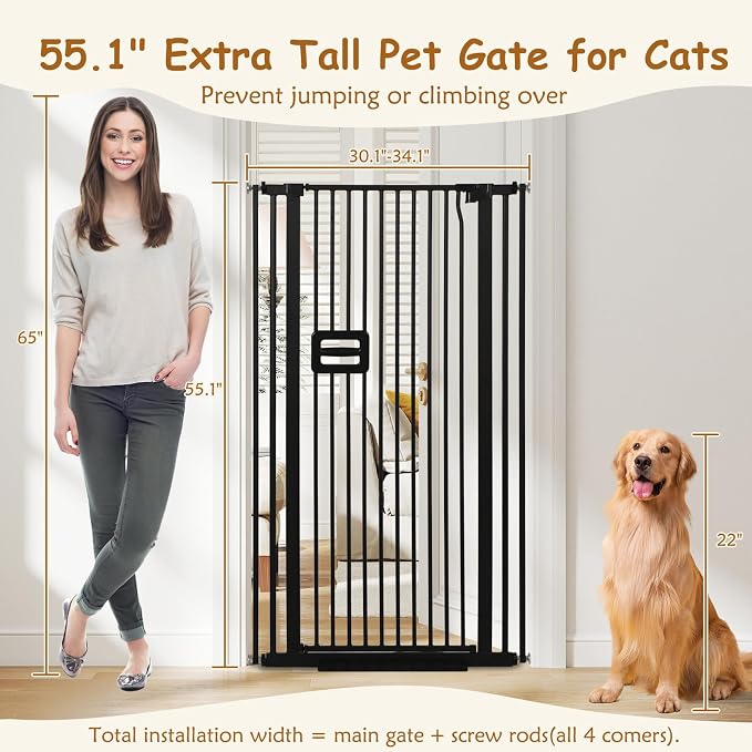 55'' Extra Tall Cat Gate, 30.1"-34.1" Wide Auto Close Tall Pet Gate for Doorways, Pressure Mounted High Dog Door Gate No Drilling Cat Fence Safety Baby Gate for Stairs, Doorways, Black