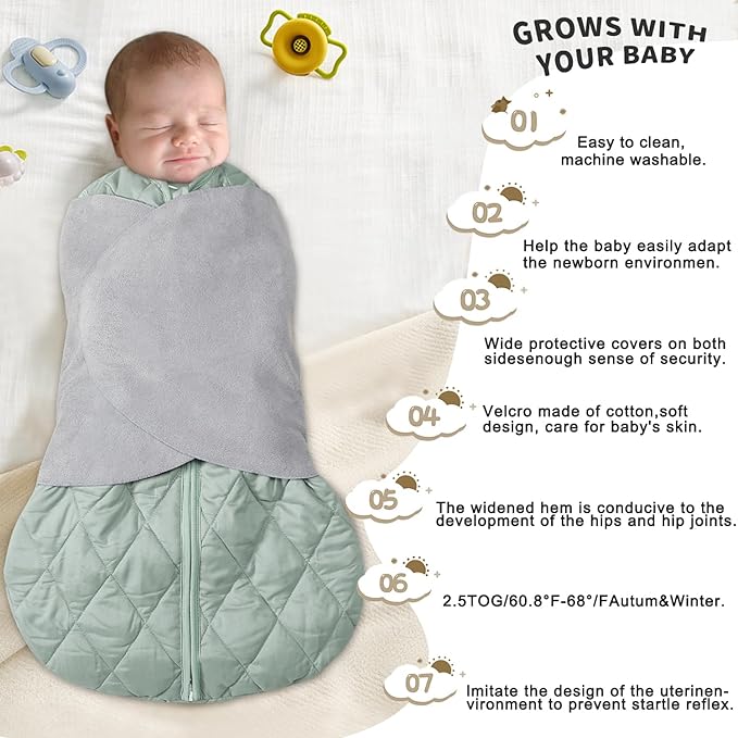 BSTOPPT Newborn Sleep Sack Baby Swaddle,3-Way Adjustable Wearable Blanket,Swaddling Sleeping Bag,TOG 2.5 (Green, 0-3 Months)