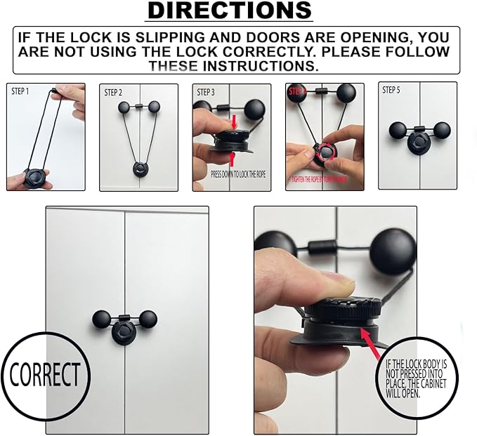 Baby Proof Cabinet Locks, 5 Pack Adjustable Child Safety Locks for Cabinets, Drawers & French Doors, No Adhesive, Reusable Childproof Locks for Kitchen and Bathroom (Black)