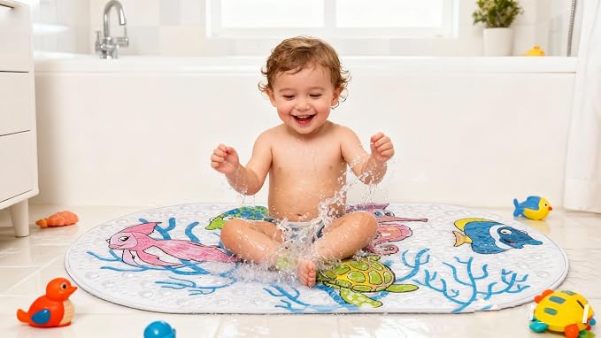 PTAPIPI Sea Animal Kids Bath Mat - 27x15 Inch Oval PVC Mat with Suction Cups, Machine Washable, Colorful Design for Children (Underwater World)