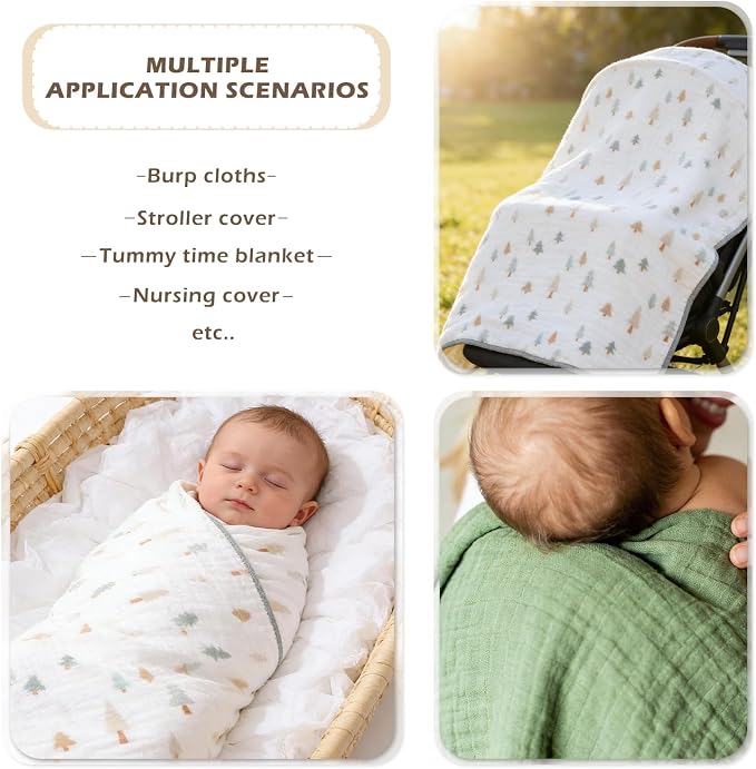Pack of 2 Ultra Soft Cotton Muslin Baby Blanket Breathable Muslin Swaddle Blankets for Babies and Toddlers Boys Girls Newborn 43"X43" (Christmas Tree and Green)