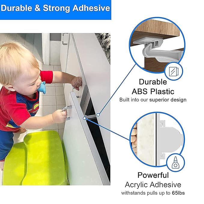 6 Pack Upgraded Invisible Baby Proofing Cabinet Latch Locks - No Drilling or Tools Required, Children Proof Cupboard Drawers Latches, Works with Most Cabinets and Drawers - Adhesive Easy Installation