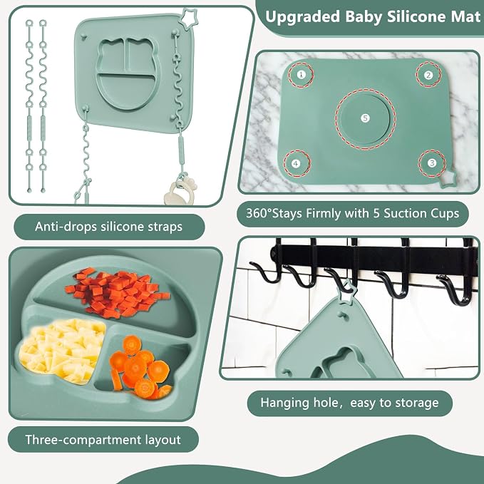 2 Pack Silicone Baby Placemats with Non-Slip Strong Suction Base and Anti-Drop 8 Stretchable Straps, BPA Free Food Grade Silicone Table Mats for Babies Toddlers, High Chair, Dining Tables, Begie+Green