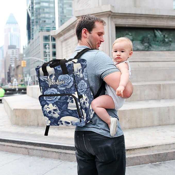 Personalized Cracked Skull Rose Diaper Bag Large Cap Insul Mom Dad