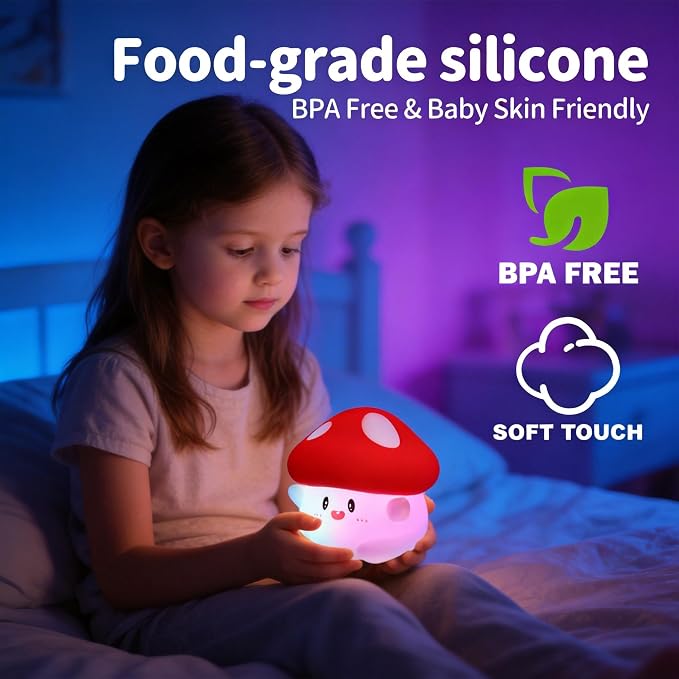 Cute Mushroom Night Light with RGB Flashing Color Squishy Soft Silicone, USB Rechargeable, Long Battery Life, Soft Squishy, Dimmable Brightness - Bedroom Decor, Gifts Decor for Kids & Adults