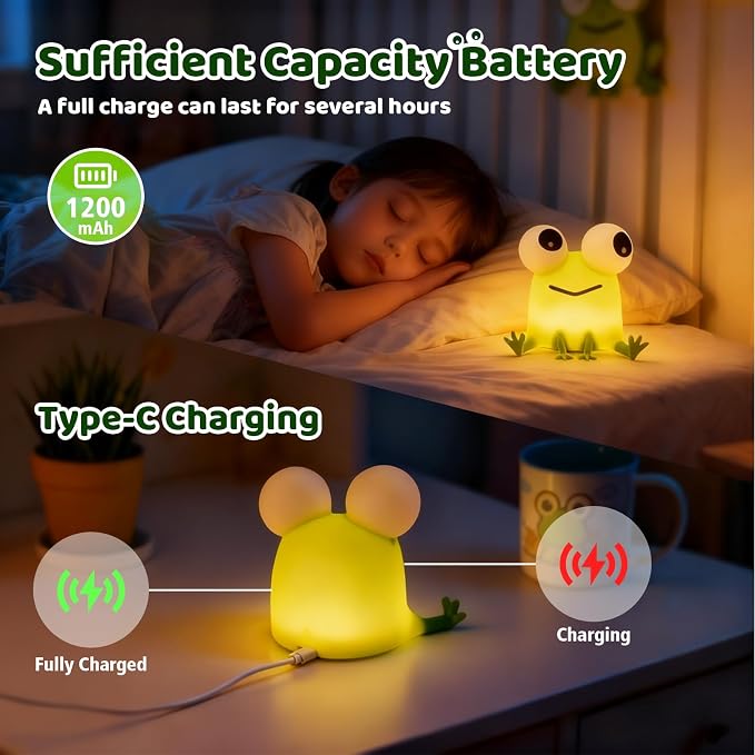 Frog Night Light for Kids with Timer Dimmable 3 Brightness 7 Colors Kawaii Frog Lamp Warm Sleep Aid USB Rechargeable Portable Night Lamp Decor for Girl Boy Nursery/Bedroom/Desk/Office