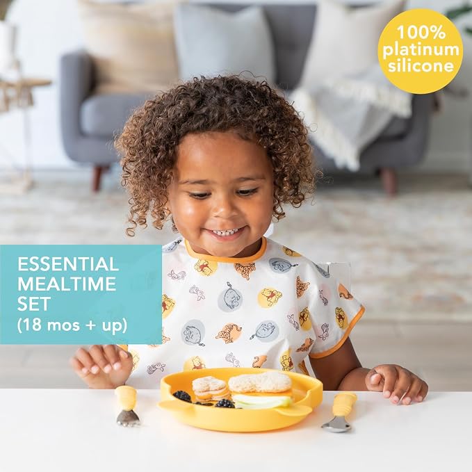 Bumkins Disney Winnie the Pooh - Silicone Grip Dish, Fork & Spoon - For Ages 18 Months+ - Suction Base - 100% Food-Safe Silicone - Freezer, & Dishwasher Safe