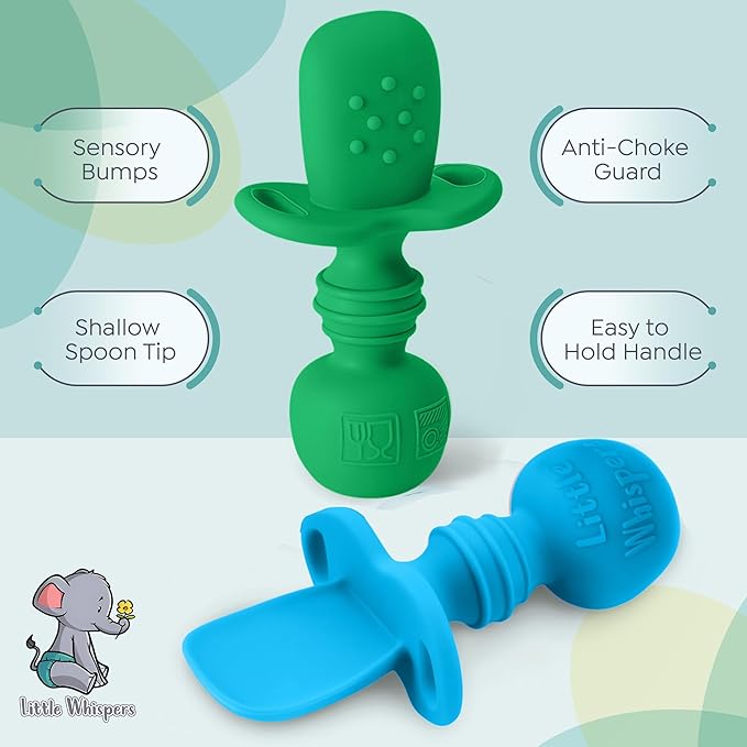 LittleWhispers Baby Silicone Spoons - Self Feeding 6 Months - Infant, Toddler, & Kid Friendly Utensils - First Stage, Baby Led Weaning - 4 Pack Utensil Set (Vibrant Blues)