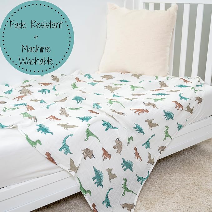 LollyBanks Baby Swaddle Blankets 2 Pack, 100% Cotton Muslin Blankets 47 x 47 Inches, Soft and Breathable Newborn Receiving Blanket for Boys, Cozy Infant Swaddle, Baby Essential (Dinosaur and Blue)