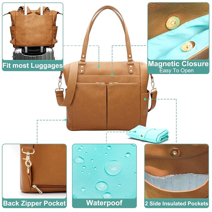 MOMINSIDE Diaper Bag Tote, Small Diaper Bag Backpack Leather Baby Bag Backpack with Changing Pad