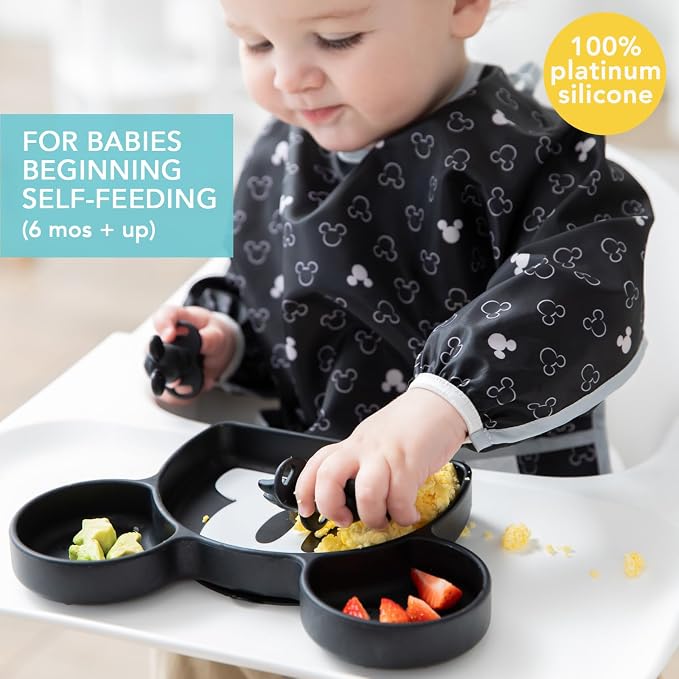 Bumkins Disney Mickey Mouse - Silicone Grip Dish, Training Chewtensils - For Ages 6 Months+ - Suction Base - 100% Food-Safe Silicone - Oven, Microwave, Freezer, & Dishwasher Safe