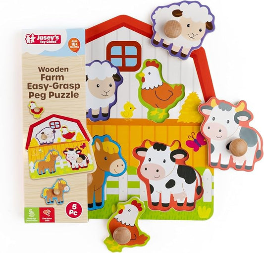 Jasey's Toy Chest Wooden Farm Easy-Grasp Peg Puzzle - 5-Piece Educational Toy Farm Animal Puzzle for Toddlers Ages 18+ Months