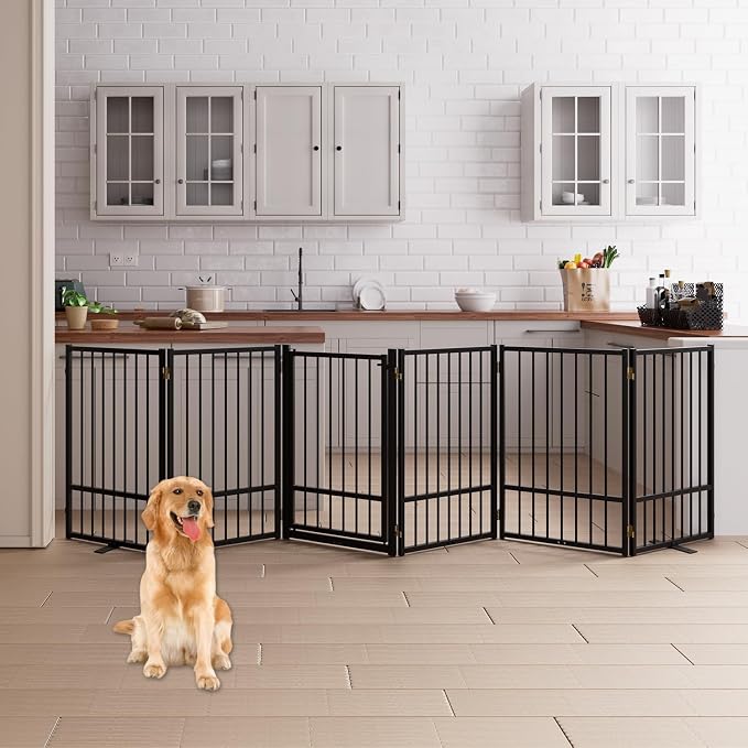 6 Panels Full Metal Freestanding Dog Gates with Door, 120” W x 32” H Folding Pet Gate Fence with Support Feet for Indoor,Stairs, Hallways and Doorways(Black)