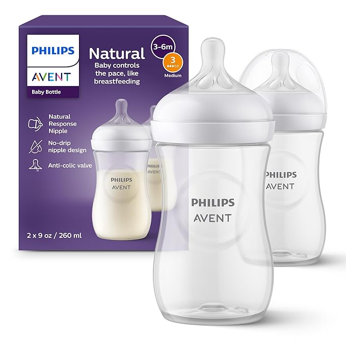 Philips Avent Natural Baby Bottles with Natural Response Nipples (Medium Flow, Flow 3), 9oz, 2-Pack, SCY903/02