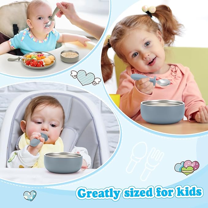 Honeydak 2 Pack Stainless Steel Baby Plates and Bowls with Suction & 2 Pack Spoons and Forks Set Kid Gift Toddler Utensil Baby Feeding Set Divided Plates for Weaning Supplies(Blue,Green)