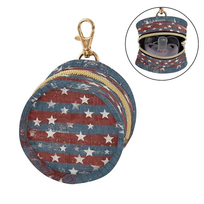 Pacifier Holder with Clip Pacifier Case for Diaper Bag Round Baby Pacifier Pouch Box Bag Portable Vintage Stars July 4th