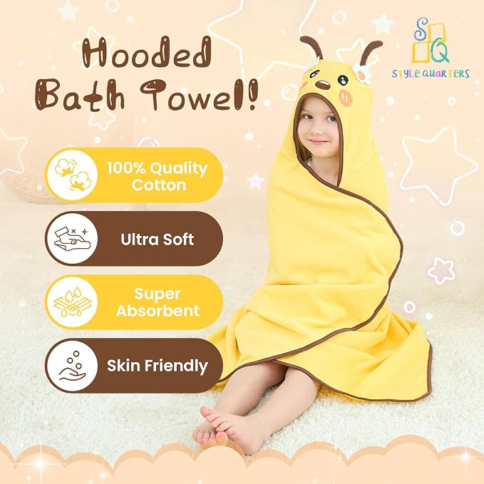 Style Quarters Yellow Bee Hooded Towel for Kids – Soft Cotton, Embroidered, Absorbent Baby Bath Towel – Quick Dry, Lightweight – 50x30 Inches – Perfect for Toddlers & Children