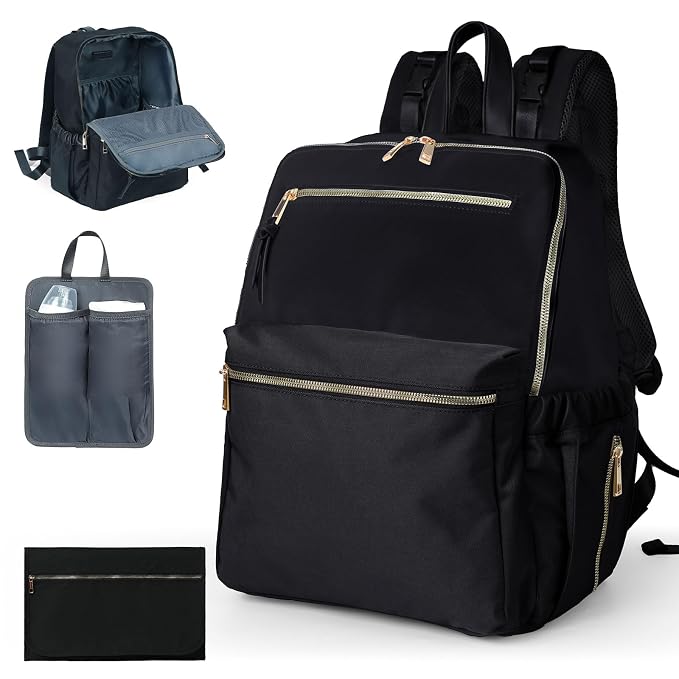Diaper Bag Backpack, Nylon Baby Bag with 19 Pockets, Large Baby Diaper Bag for Boys Girls,Diaper Bag Insert,Changing Pad,Insulated Pockets,Stroller Straps,Black