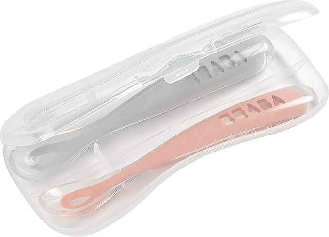 BEABA Baby's First Stage Baby Feeding Spoon Set with Travel Case, The Original Soft Tip Silicone Baby Spoons for Babies, Travel Set, Gum Friendly BPA Lead Phthalate and Plastic Free, Cotton Candy