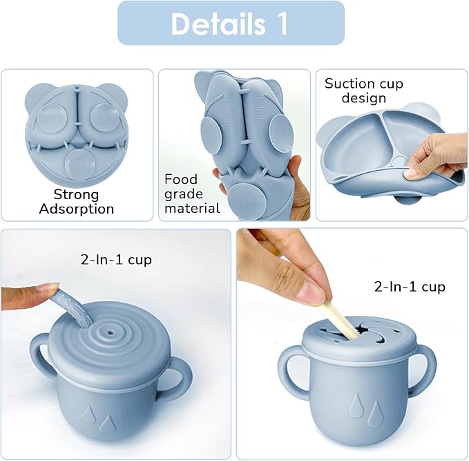Silicone Baby Feeding Set, 14 Pcs Baby Led Weaning Supplies, Baby Spoons & Forks Suction Bowl Divided Plate Bib Cup, First Stage Solid Food Eating Utensils - 6+ Months (Blue)