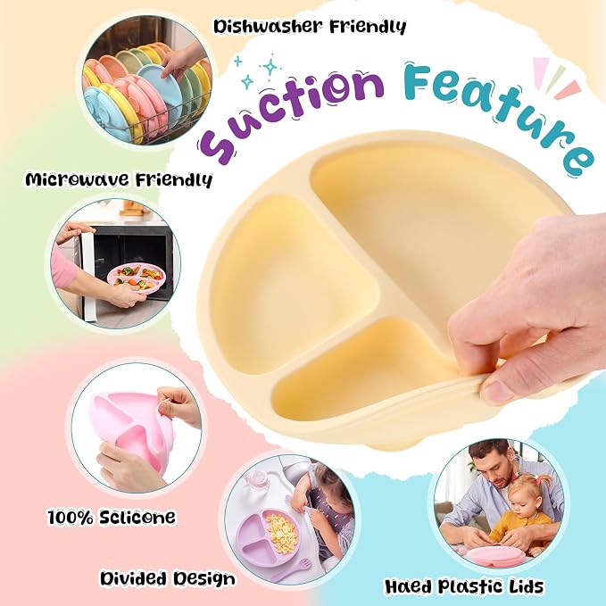 Meanplan 6 Pack Suction Plates for Toddlers with Lids Silicone Baby Plates set Food Grade Silicone Divided Design Microwave and Dishwasher Safe Assorted Colors(Macaron Colors)