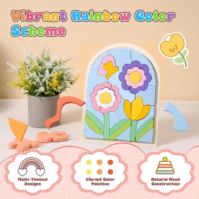 Montessori Wooden Shape Puzzles - Color Matching & Cognition Fun for Kids Over 3 Years Old, with Rainbow Blocks & Themes, Fine Motor Skill Building Toys & Gifts (Flower)