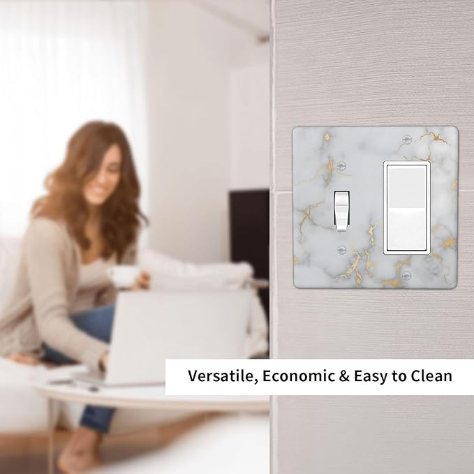 Luxury White And Gold Marble Abstract Modern Outlet Covers 1 Toggle 1 Rocker Combination Decorative Wall Plate Electrical Switch Plates Light Switch Cover Plate for Bathroom Kitchen Decor