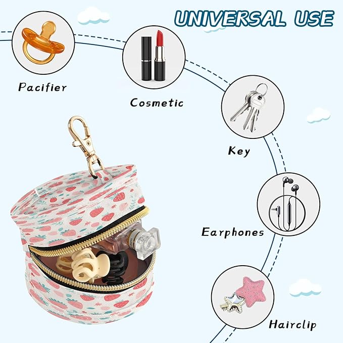 Watercolor Strawberry Pacifier Holder Case Portable Newborn Baby Pacifiers Pouch with Clip for Boys & Girls