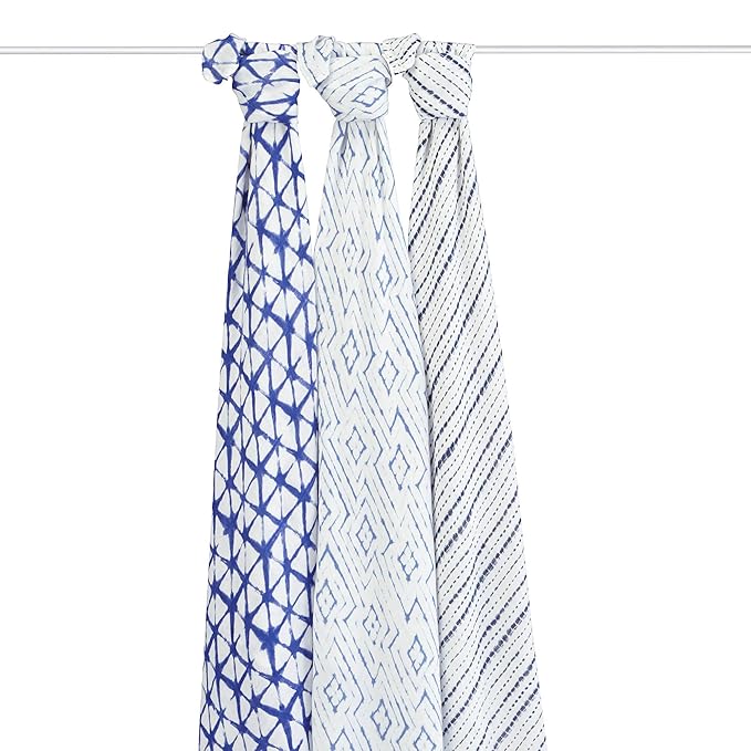 aden + anais Silky Soft Swaddle Blanket,100% Viscose from Bamboo Muslin Blankets for Girls & Boys, Baby Receiving Swaddles, Ideal Newborn & Infant Swaddling Set, 3 Pack, Indigo Shibori